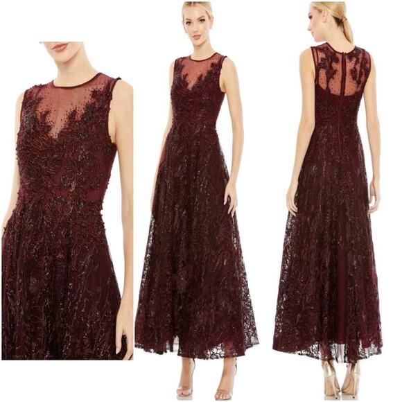 mac duggal 20421 Embroidered High Neck Sleeveless Dress Burgundy size 6 C8 - Picture 1 of 8